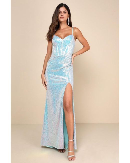 Lulus Shimmering Perfection Iridescent Sequin Maxi Dress in Blue | Lyst