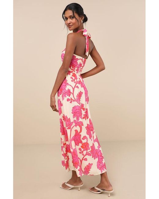 Lulus Pink Layton And Cream Floral Halter Maxi Dress