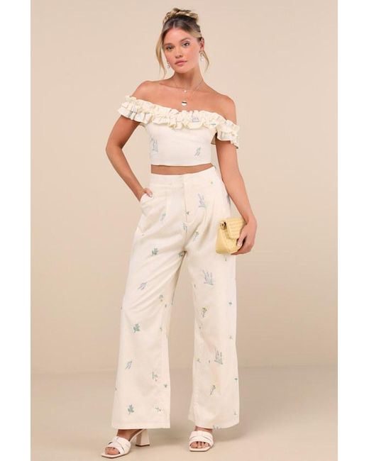 Lulus Natural Rowena Cream Embroidered Wide-Leg Pants