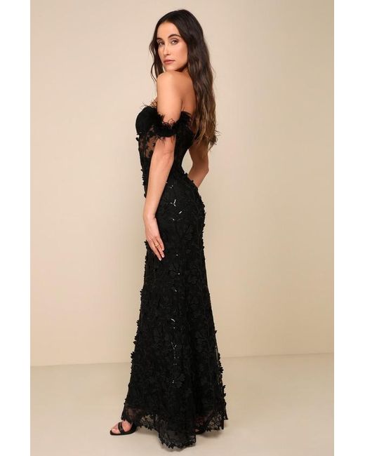Lulus Black Midnight Sparkle Embroidered Feather Bustier Maxi Dress