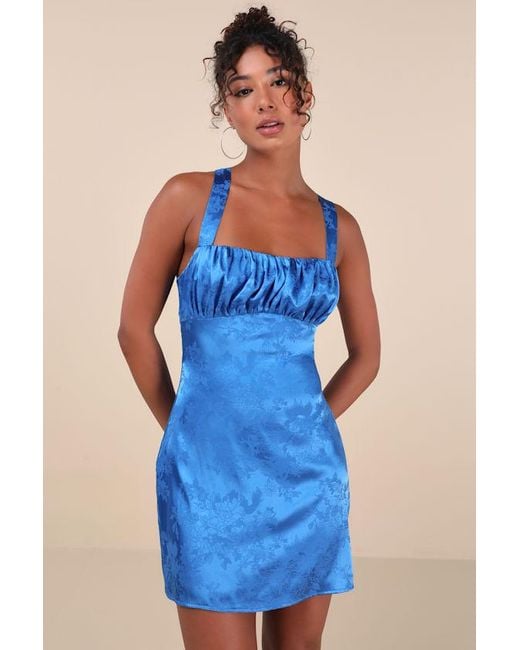 Lulus Blue Exquisite Outlook Floral Jacquard Satin Lace-Up Mini Dress