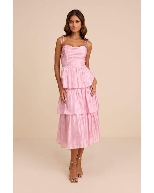 Lulus Pink Tennon Plisse Tiered Midi Dress