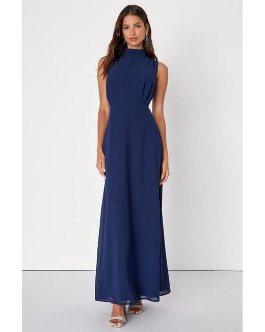 Lulus Blue Classic Elegance Chiffon Sleeveless Mock Neck Maxi Dress