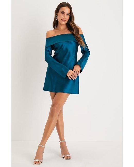 Lulus Blue Luxurious Vision Satin Off-The-Shoulder Mini Dress