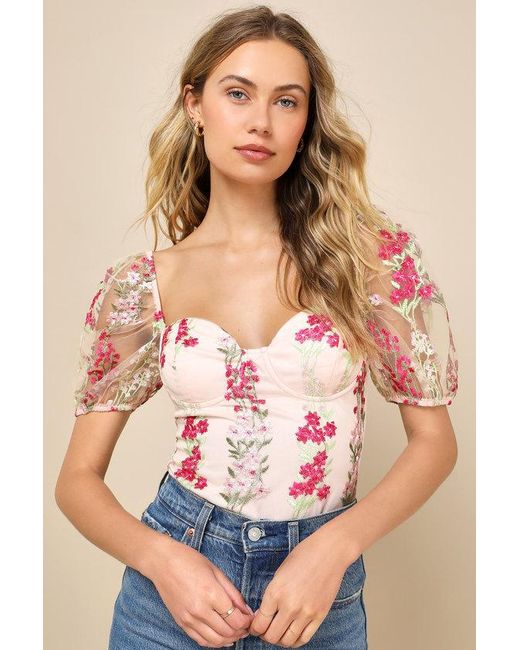Lulus Pink Essence Of Elegance Embroidered Floral Bustier Bodysuit