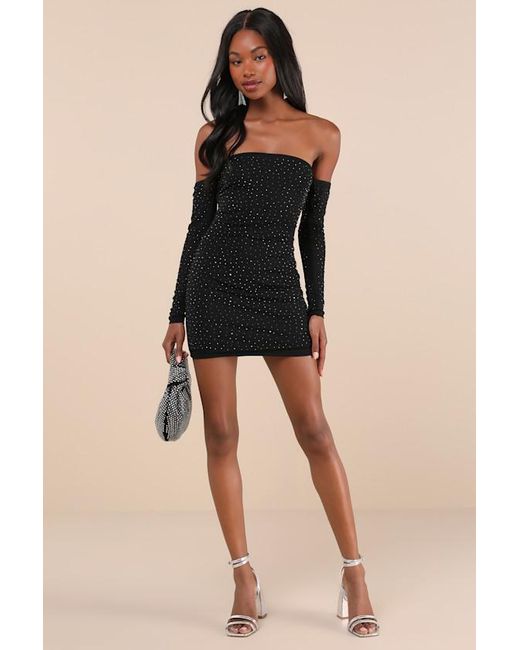 Lulus Black Magnetic Glam Mesh Rhinestone Off-The-Shoulder Mini Dress