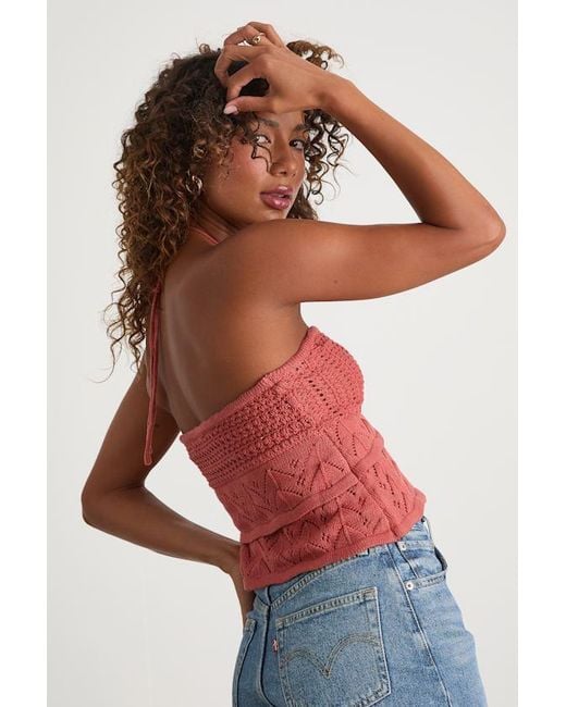 Lulus Linden Rusty Rose Crochet Cutout Tiered Halter Top