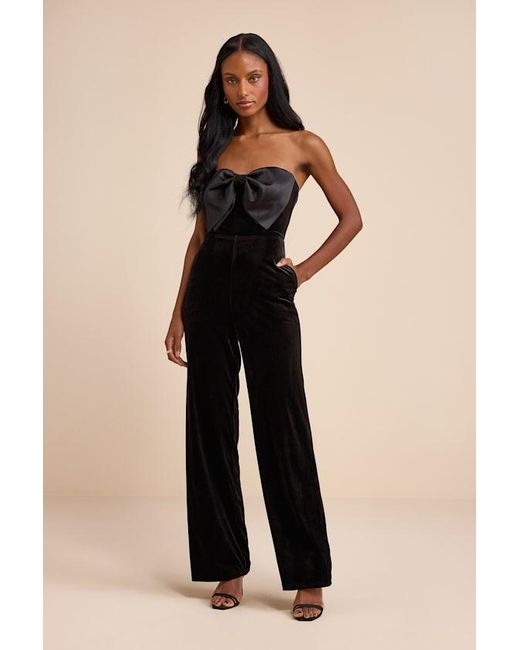 Lulus Natural Prudence Velvet Bow Straight Leg Jumpsuit