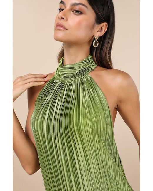 Lulus Green Gwenny Lime Satin Plisse Maxi Dress
