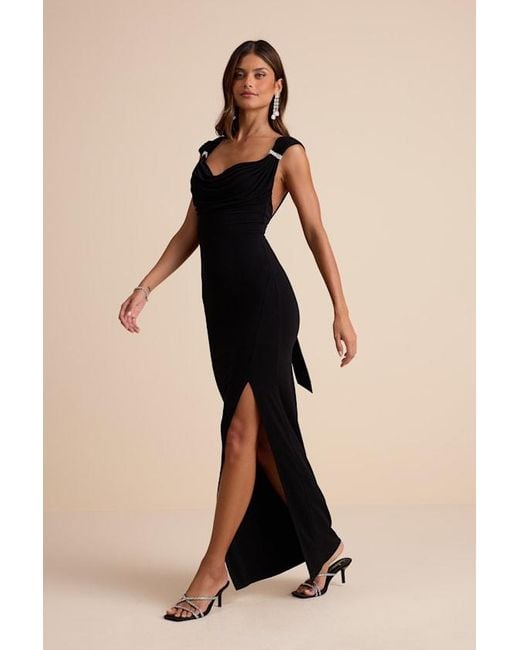 Lulus Black Vega Jersey Knit Rhinestone Cowl Neck Maxi Dress