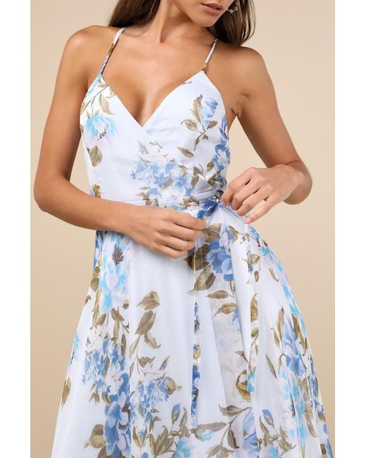Lulus Blue Oh-So Romantic Pale Floral Print Sleeveless Wrap Maxi Dress