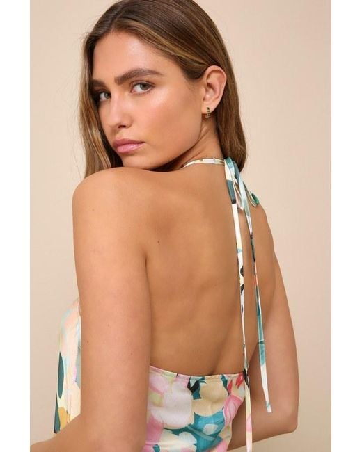 Lulus Blue Elevated Effect Multi Floral Satin Halter Slip Mini Dress