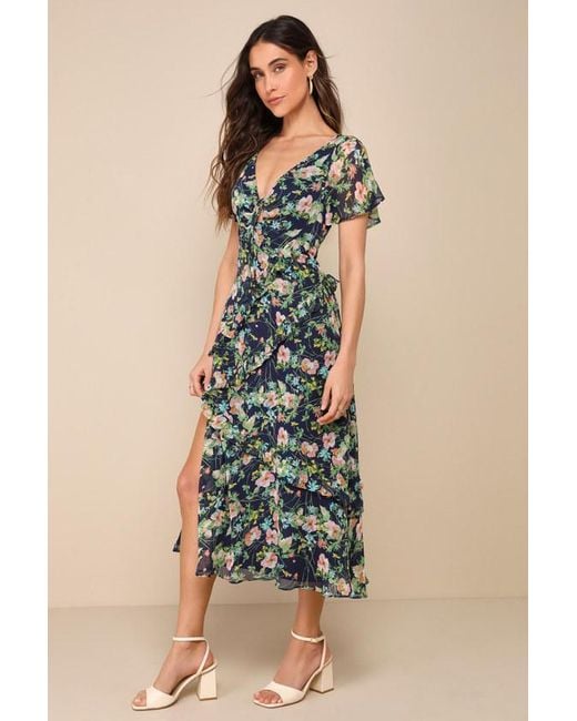 Lulus Blue Next To You Floral Print Ruffled Backless Midi Dress