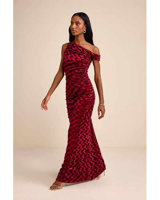 Lulus Red Renisa Velvet Chevron Asymmetrical Maxi Dress