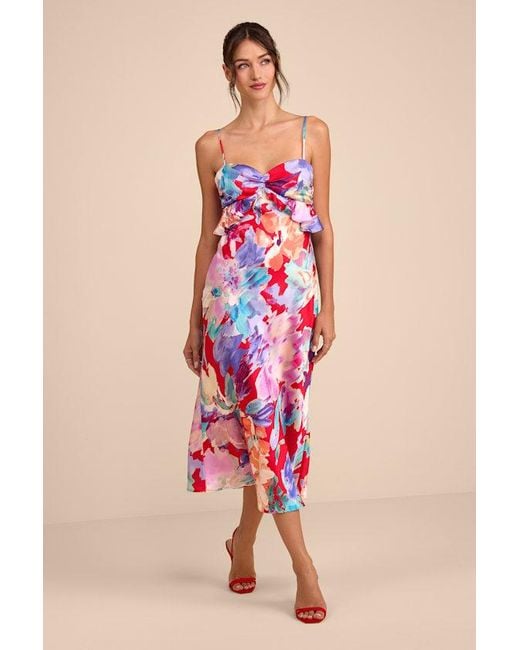 Lulus Red Augustina Multi Floral Satin Ruffled Midi Dress