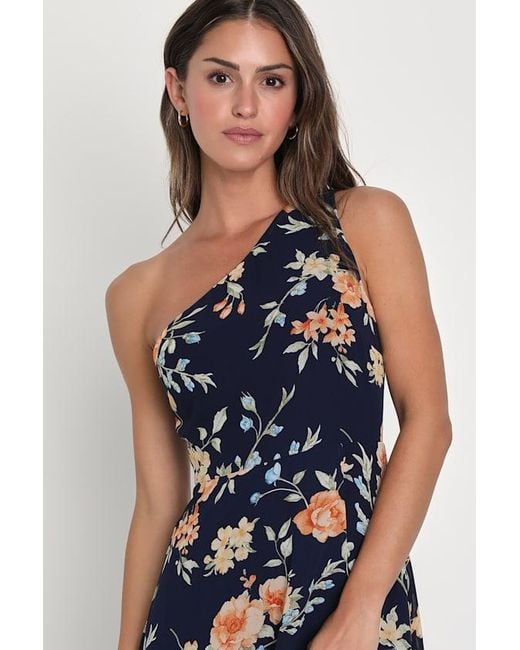 Lulus Blue Elegant Admiration Floral One-Shoulder Maxi Dress