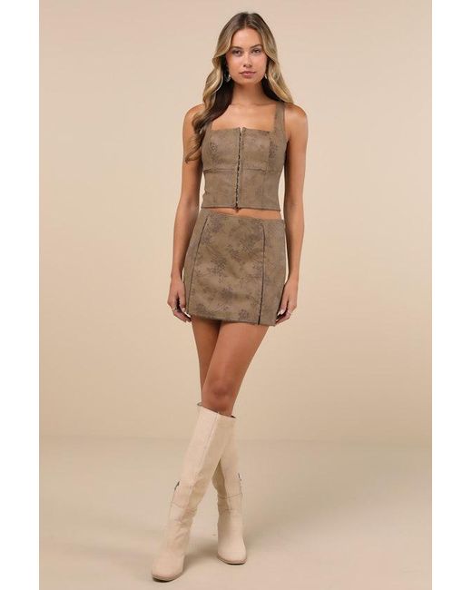 Lulus Brown Coveted Floral Vegan Leather Mini Skirt