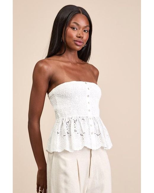 Lulus White Ahura Eyelet Embroidered Peplum Strapless Top