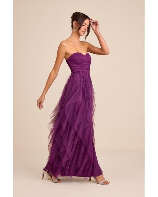 Lulus Delightful Beauty Plum Mesh Strapless Ruched Ruffled Maxi Dress in  Purple | Lyst