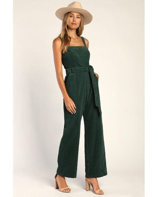 Lulus Green Cutie Season Dark Corduroy Wide-Leg Jumpsuit