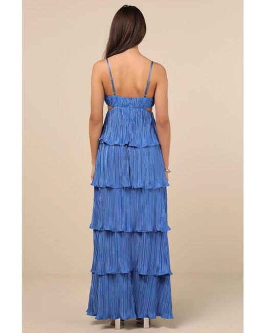 Lulus Blue Kanya Satin Plisse Tiered Maxi Dress