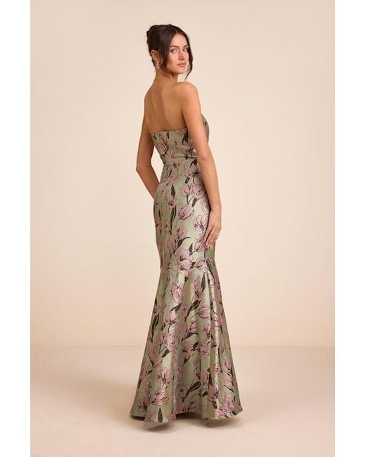 Lulus Brown Gowning Around Sage Floral Jacquard Strapless Maxi Dress