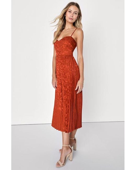Lulus Red Regal Romance Rust Floral Jacquard Pleated Satin Midi Dress