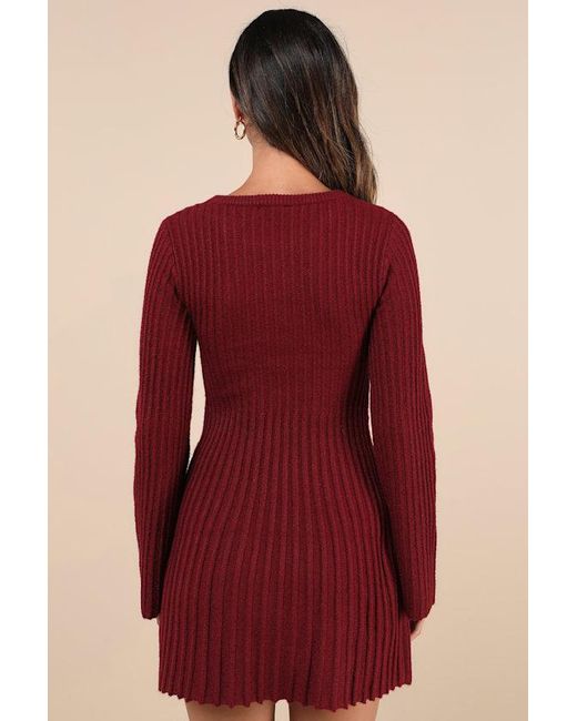 Lulus Red Convincing Poise Ribbed Long Sleeve Skater Mini Dress