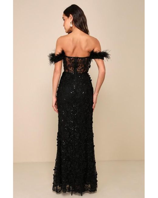 Lulus Black Midnight Sparkle Embroidered Feather Bustier Maxi Dress