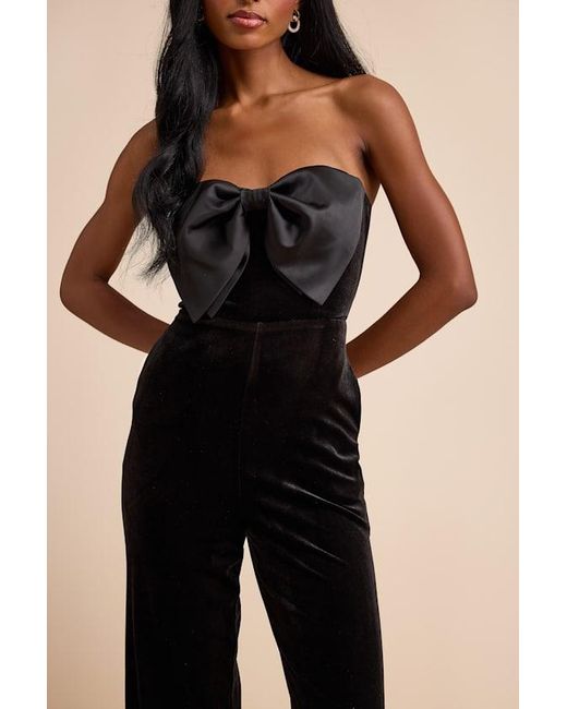 Lulus Natural Prudence Velvet Bow Straight Leg Jumpsuit