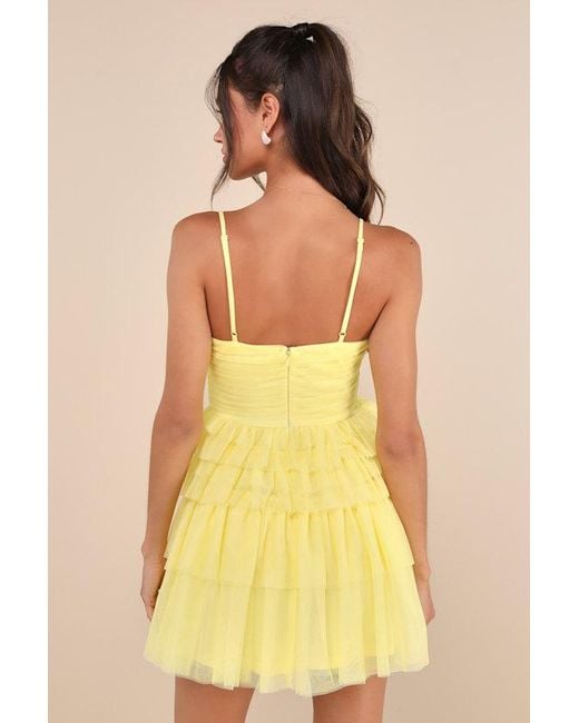 Lulus Yellow Special Poise Tulle Pleated Sleeveless Tiered Mini Dress
