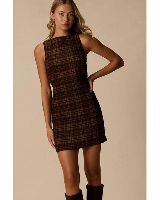 Lulus Brown Kimber Multi Plaid Cutout Mini Dress
