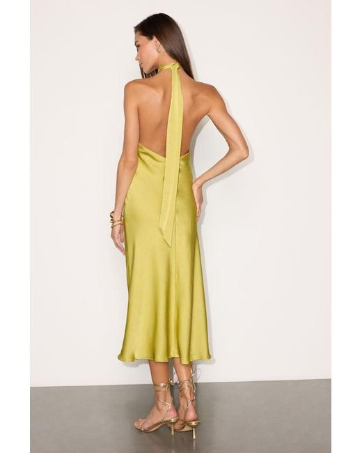 Lulus Yellow Lorissa Chartreuse Satin Halter Midi Dress