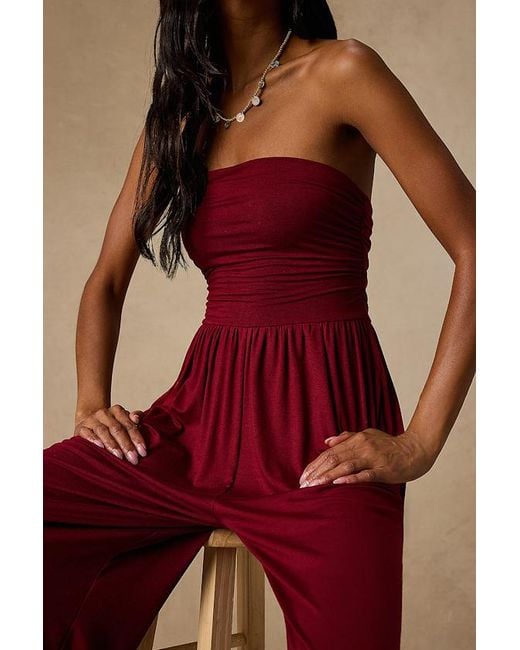 Lush Red Flirty Posture Jersey Knit Strapless Jumpsuit