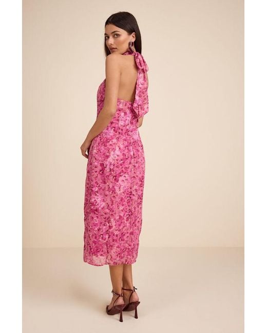 Lulus Pink Lana Floral Jacquard Halter Midi Dress