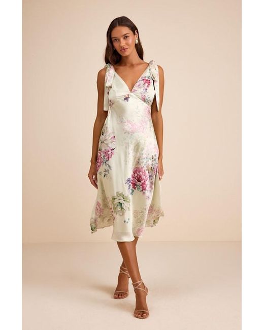 Lulus Natural Zoella Pale Mint Floral Satin Tie-Strap Midi Dress