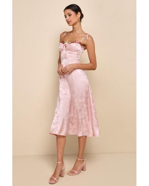 Lulus Pink Ethereal Muse Satin Jacquard Embroidered Midi Dress