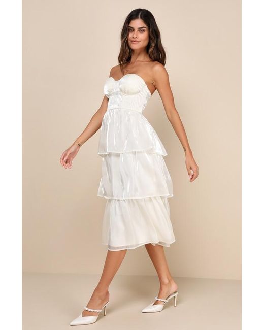 Lulus Natural Com-Pleat-Ly Charming Organza Tiered Strapless Midi Dress