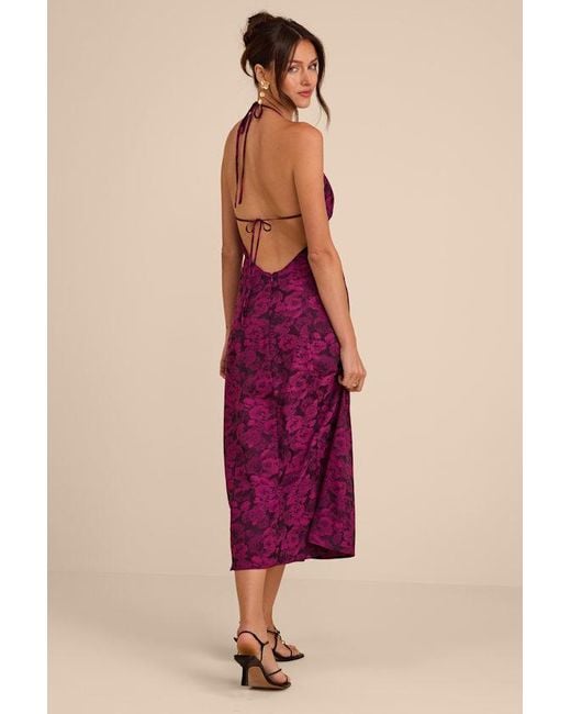 Lulus Pink Caida Plum Floral Satin Halter Midi Dress