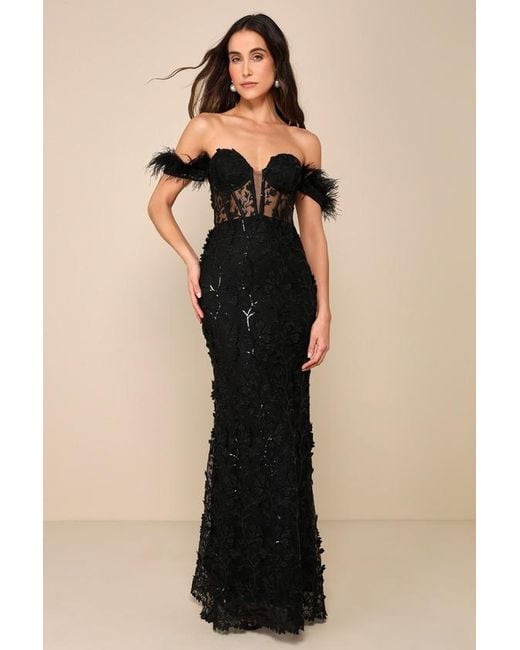 Lulus Black Midnight Sparkle Embroidered Feather Bustier Maxi Dress