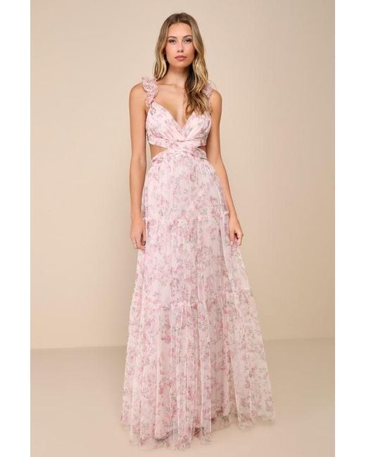 Lulus Women's Pink Ethereal Love Blush Floral Pleated Tiered Tie-Back Maxi  Dress