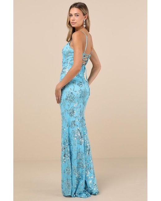 Lulus Blue Glittering Excellence Aqua Sequin Lace-Up Maxi Dress