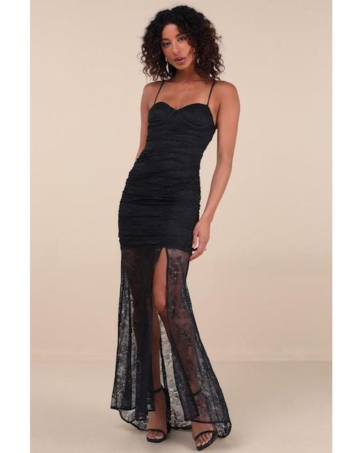 Lulus Blue Hespera Lace Ruched Bustier Mermaid Maxi Dress