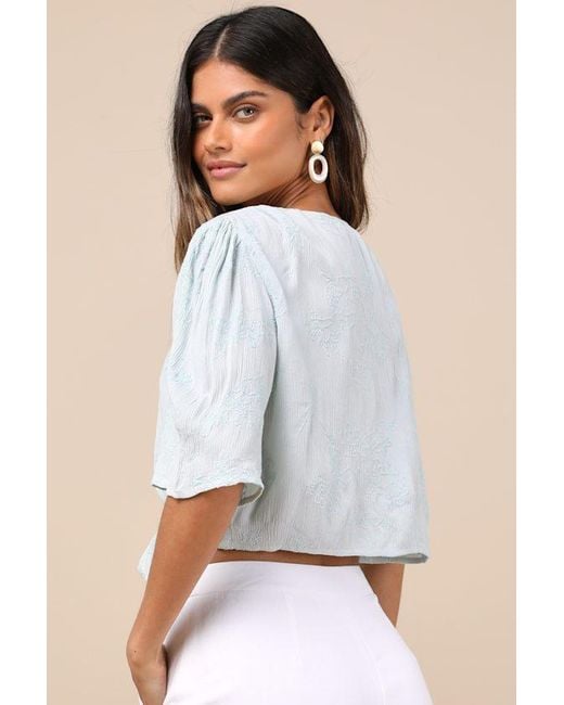 Lulus Blue Delightful Darling Mint Floral Embroidered Tie-Front Crop Top