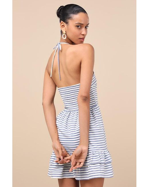 Lulus Blue Corilie And Striped Halter Mini Dress
