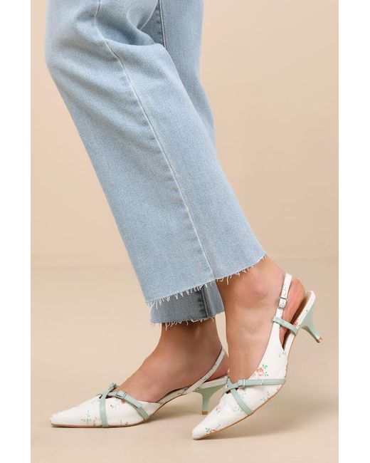 Lulus Blue Marinette Mint Floral Pointed-Toe Kitten Heel Pumps