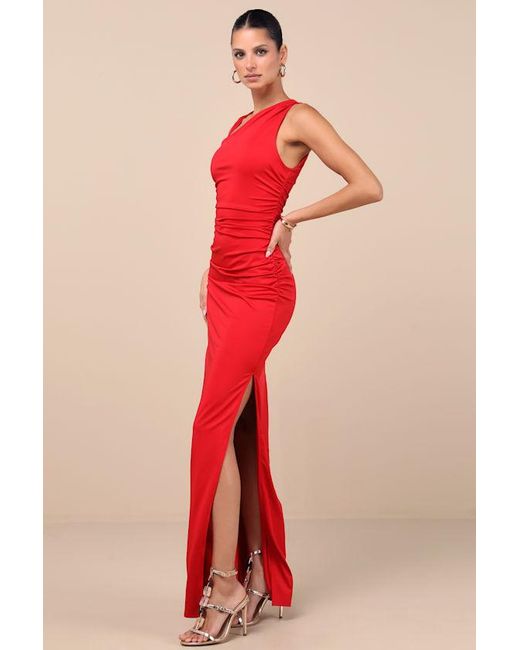 Lulus Red Enticing Darling Asymmetrical Ruched Maxi Dress