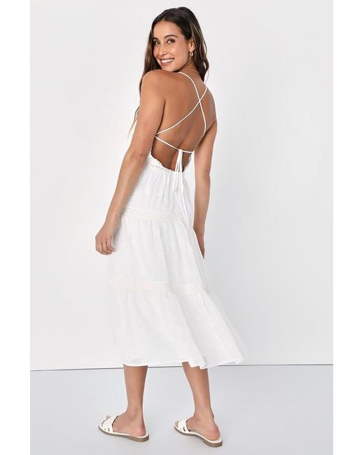 Lulus White Forever Your Darling Embroidered Lace Backless Midi Dress