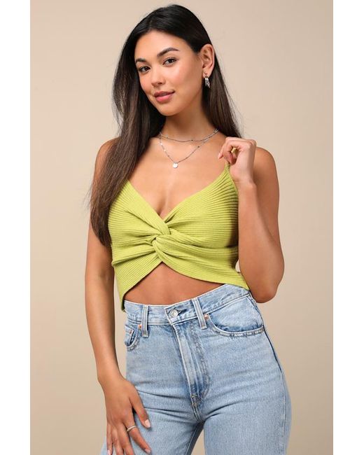 Lulus Green Melika Lime Ribbed Knotted Crop Tank Top