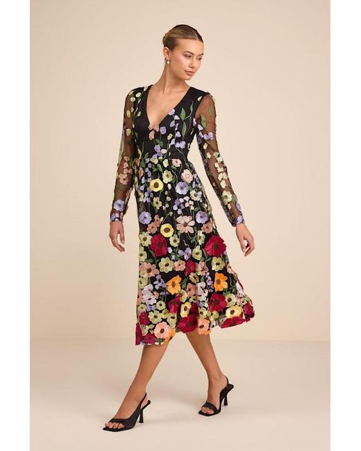 Lulus Impressive Blossom 3D Floral Embroidered Midi Dress in Black